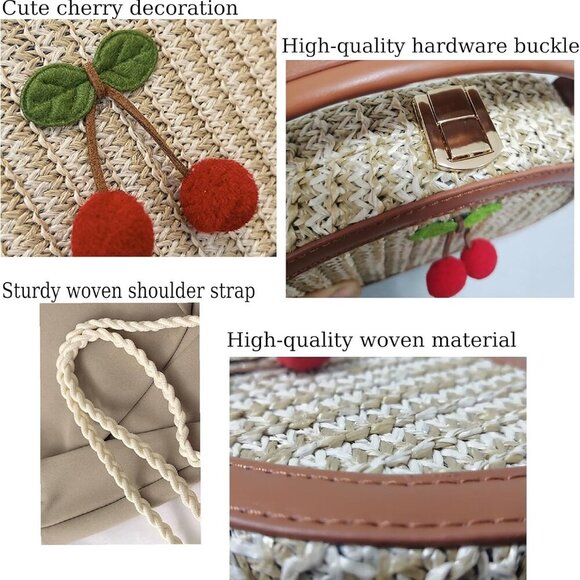 Versatile Cherry Straw Handbag with Removable Strap - Perfect for Summer Outings - Picture 5 of 6